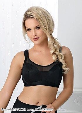 Sports bra for big bust, wide shoulder straps, sheer inlay, B to P-cup